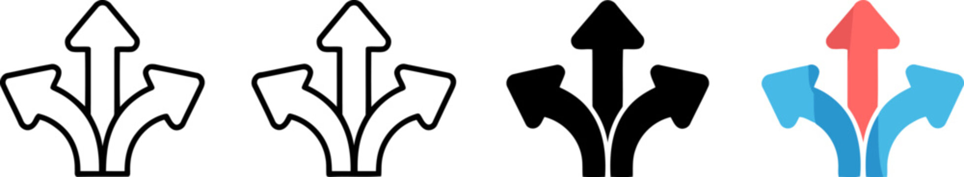 Four arrow showing three diverging paths with different styles including outline, solid black, and color fill on a
