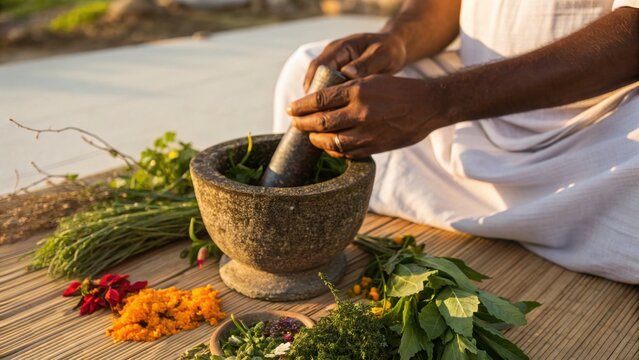 Indian ayurveda tradition shows hands grinding fresh herbs in stone mortar for natural healing and wellness with vibrant flowers and leaves around