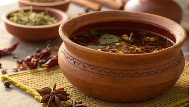 Indian ayurveda tradition herbal decoction in clay pot with spices and dried herbs for natural healing and wellness ritual