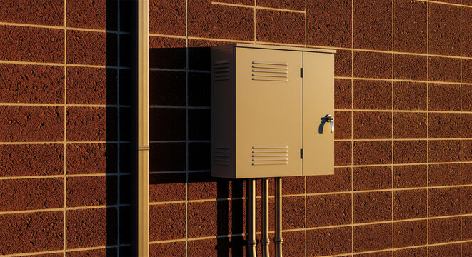 Industrial electrical box on brick wall, metal utility cabinet with conduit pipes, outdoor power distribution panel for commercial building infrastructure