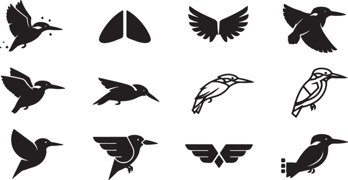 Set of 12 kingfisher and bird silhouettes in black vector style, featuring various poses including flying, perched, and diving birds, alongside wing icons and abstract avian symbols.