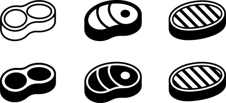 Six Steak in Outline and Solid Black Styles Showing Different Cuts of Meat symbol beef symbol