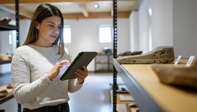 A woman in a museum uses a tablet to scan artifacts on a shelf, showcasing modern technology in historical preservation.