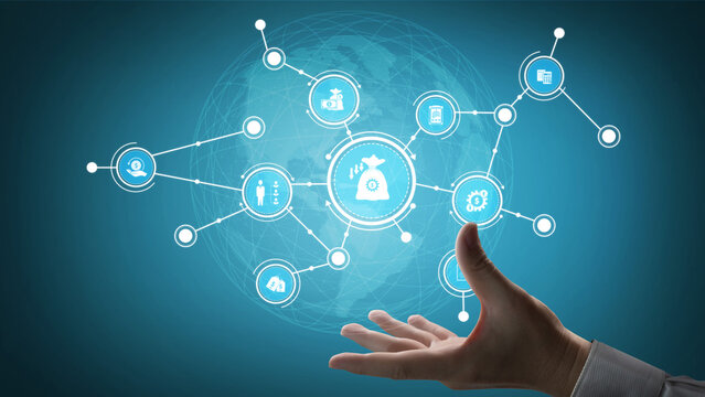 A captivating visual representation of financial management concepts, showcasing a hand reaching into a digital space filled with networked monetary icons and growth symbols. Tessel