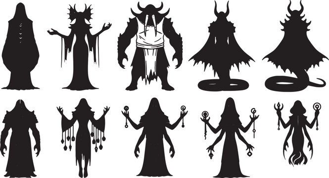Silhouette collection of ten dark fantasy characters featuring hooded wizards, horned demons, cultists, and monstrous figures in robes, designed for RPG game assets and occult themes.