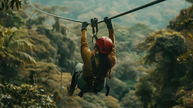 Female tourist taking zip line tour though Monteverde Cloud Forest, Costa Rica