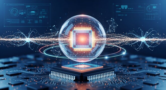Detailed macro capture of high tech electronic chipset glowing with neon cyan data paths on core board