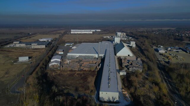 Industrial factory complex production Gipsum drywall. Lovely aerial view drone