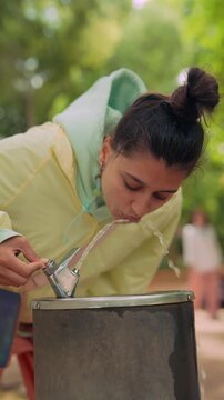 Female student pauses at park fountain to hydrate during outdoor ride