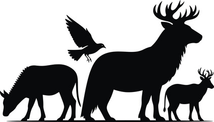Deer, Bird, and Animals Silhouettes on White Background © Yusra