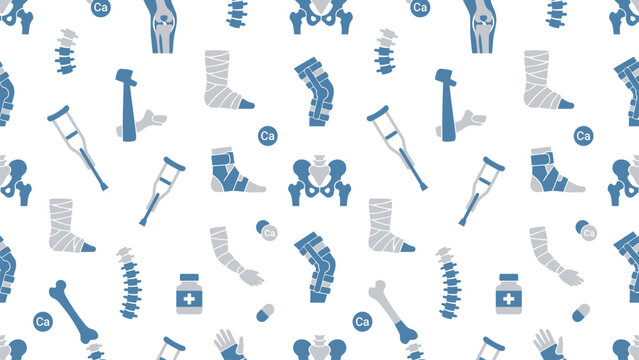Pattern of Medical Tools and Medicines in Blue on White Background.