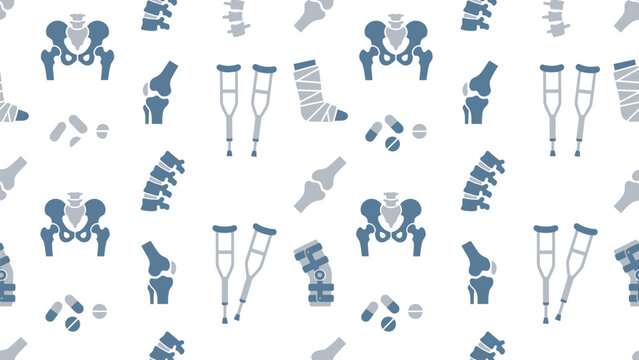 Medical Health Icons Pattern Featuring Crutches Pelvis and Splints in Blue Tones.