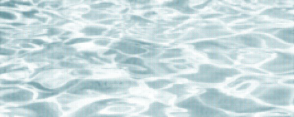 Naklejka premium Blue halftone water surface with ripple waves and sunlight reflection. Ocean, sea or pool water top view with dot retro photocopy and comic bitmap texture. Halftone summer backdrop. Collage vector bg