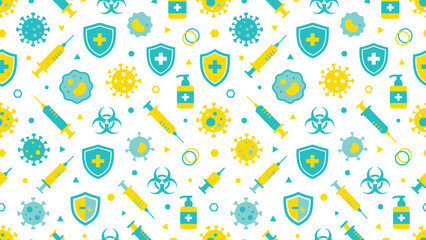 Obraz premium Bright seamless pattern with shields, suns, molecules and stars in a playful health science motif.