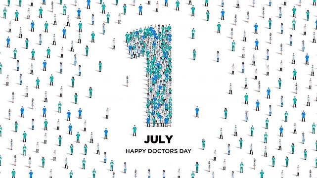 Happy doctors day. A large group of doctors form to create the number 1 as doctors day is celebrated on the 1st of July. 4K video animation.