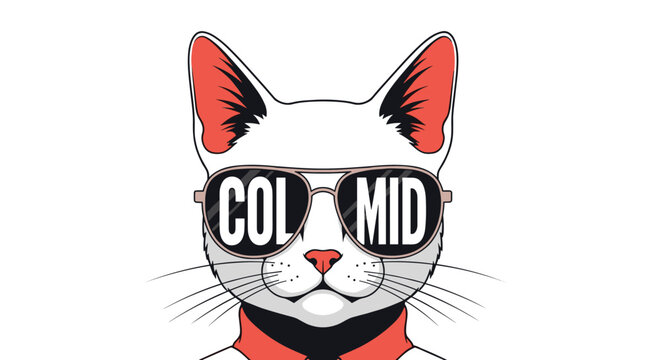 Stylish white cat wearing aviator sunglasses with a bold reflection saying col mid represents a cool and trendy animal character.