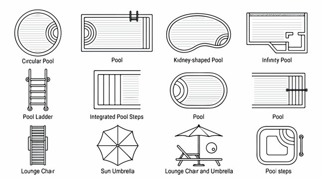 Swimming pool floor plan icons, 12 architectural vector symbols for landscape design, pool layout top view set with furniture and stairs