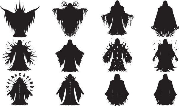 Collection of twelve black silhouette illustrations of fantasy hooded figures, ghostly wraiths, and dark sorcerers featuring tattered robes, mystical runes, and ethereal cloaks on white background.