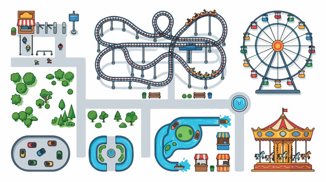 Amusement park map creator kit, theme park attractions and carnival rides vector set, fairground roller coaster and ferris wheel icons