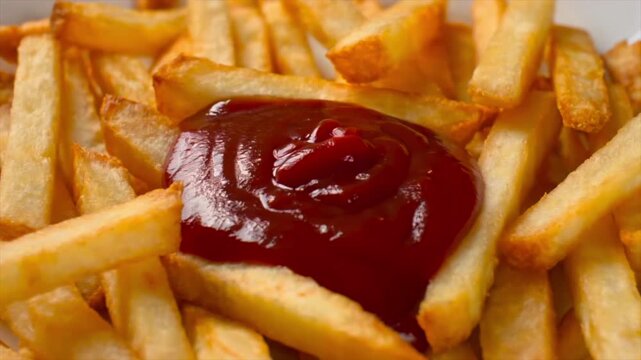 Golden crispy French fries served hot with rich tomato ketchup pouring on top. Close-up of fresh fast food snack with crunchy texture and vibrant color, classic comfort meal concept 