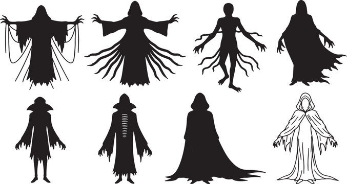 Vector illustration set of eight dark ghost silhouettes and hooded specter figures featuring grim reapers, tattered robes, and mysterious spirits isolated on a white background.