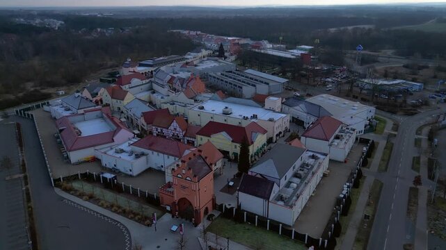 large shopping village outlet center complex, winter. Great aerial view drone