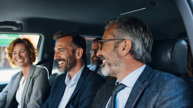 Business meeting participants smiling in a car during a city commute in the late afternoon hours while discussing work plans and ideas