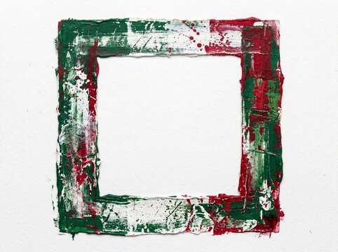 Handpainted abstract square frame with red, green, and white oil paint texture