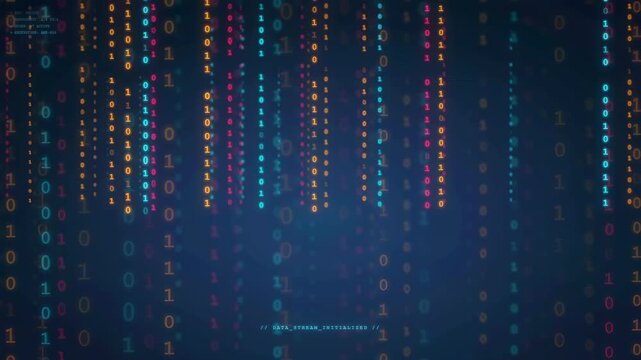 Abstract digital binary code background with flowing colorful data streams on dark blue backdrop