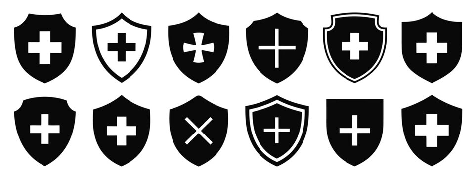 Medical shield silhouette icon set, minimalist black flat vector style, healthcare protection and fitness safety concept design.