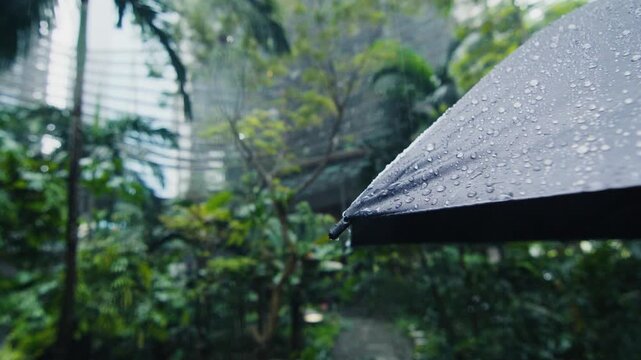 Raindrops falling on an umbrella in a lush green garden