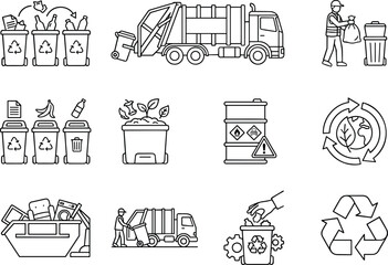 Fototapeta premium Waste management and recycling line art vector icon set featuring garbage trucks bins compost dumpster and environmental sustainability symbols.