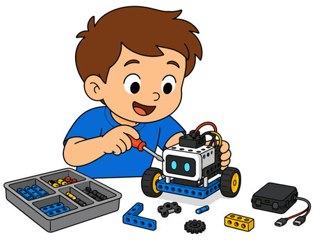 Boy Assembling a Robotic Vehicle with Tools and Parts
