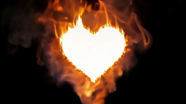 Heart shape formed by flames with bright orange fire and smoke, creating a visually striking effect against a dark background in a continuous progression of burning