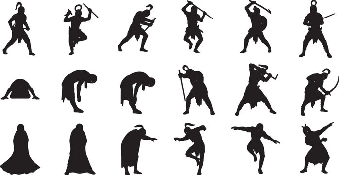 Collection of eighteen black vector silhouettes of ancient warriors, gladiators, and soldiers in diverse combat, defensive, and ceremonial poses with swords, spears, and armor.