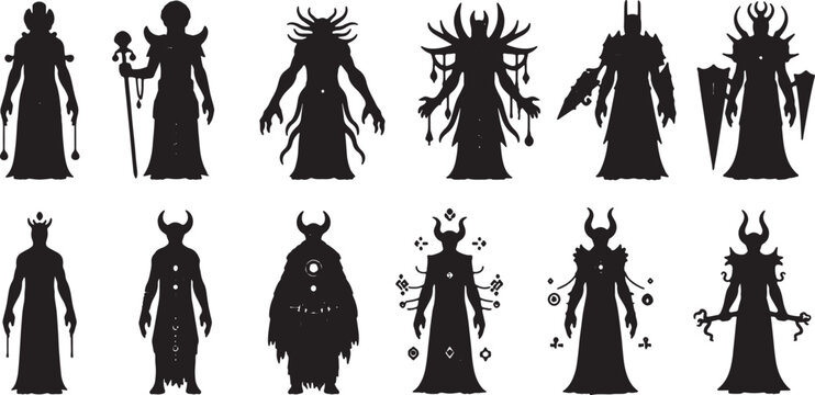 Black Silhouette Illustration Set of Fantasy RPG Character Concepts Including Mages, Warriors, Demons, and Cosmic Entities Isolated on a Plain White Background.