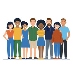 Fototapeta premium Diverse group of smiling people standing together, representing unity and community in a graphic illustration style