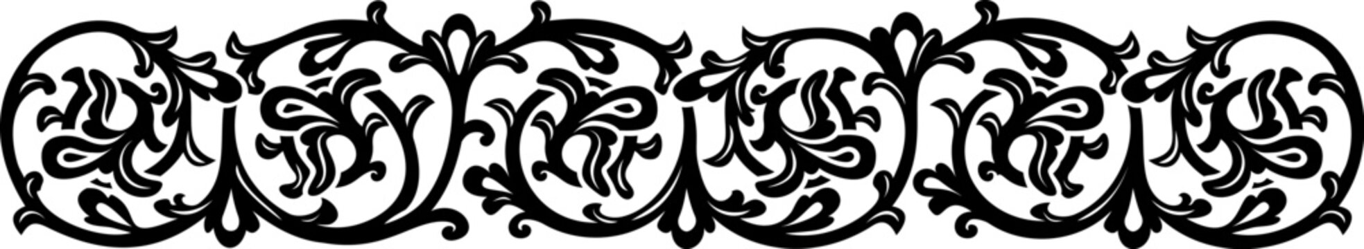 Elegant black and white ornate floral horizontal border band with vintage filigree detail. Decorative strip ideal for invitations, certificates, headers, packaging, and design accents.