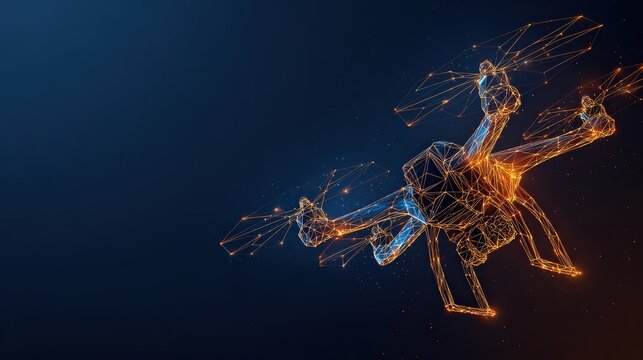 A futuristic drone rendered in an intricate digital network of glowing lines, seemingly composed of data and energy, floats against a dark. ..Created with Generative AI, not depicting real subjects.