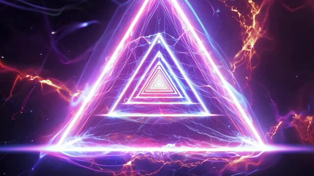 Vibrant glowing triangular shapes with electric energy pulses transitioning through a cosmic background, showcasing dynamic light patterns and colors in a continuous flow
