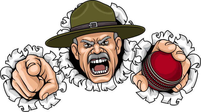 An angry drill instructor or sergeant bootcamp army soldier cartoon character holding cricket ball and pointing sports team mascot illustration.