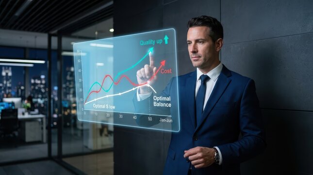 Business professional analyzing data visualization with technology cost quality and optimal balance