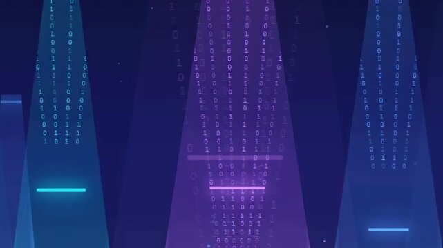 Abstract Digital Data Stream with Binary Code and Glowing Blue Light Beams on Dark Background