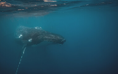 Fototapeta premium Humpback whale swimming underwater in the deep blue sea with sun