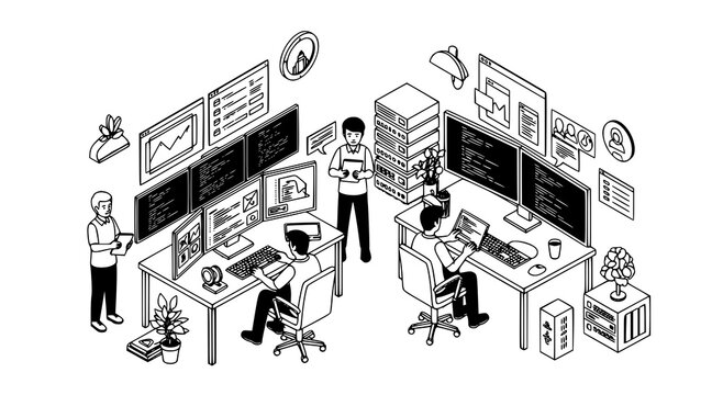 Isometric office illustration of professional software developers working on code