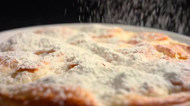 powdered sugar sprinkling onto cake close-up macro, fine sugar falling over baked surface creating soft white layer, dessert preparation concept for bakery menu, sweet topping detail