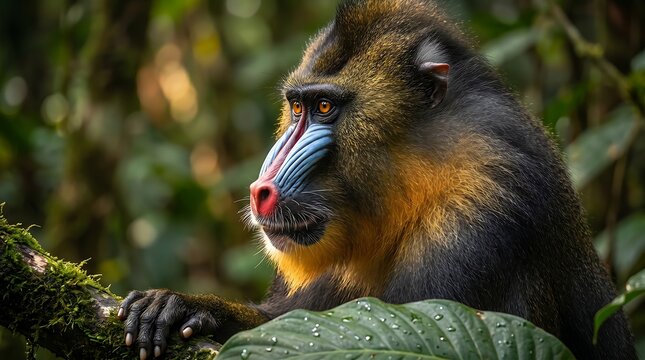 Colorful mandrill monkey in lush tropical jungle wildlife portrait