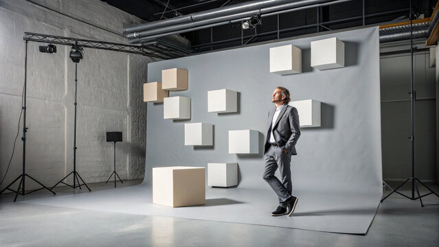 Businessman in a modern studio with floating cubes