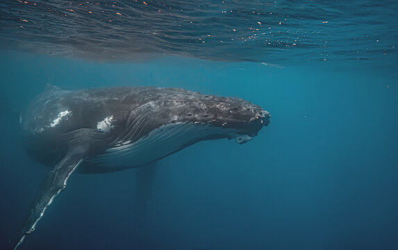 Humpback whale gliding through clear blue water near the ocean s