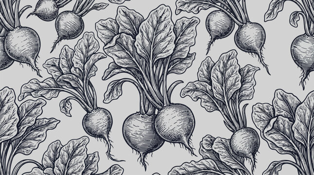 Vintage botanical vector illustration of root vegetables and leafy plants.